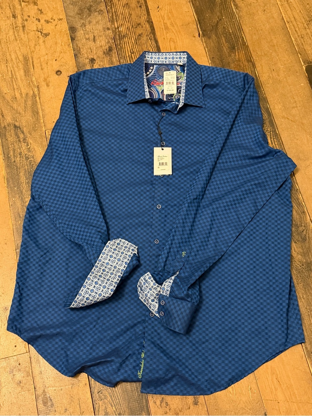 Robert Graham Blue Geometric Dress Shirt with Patterned Contrast